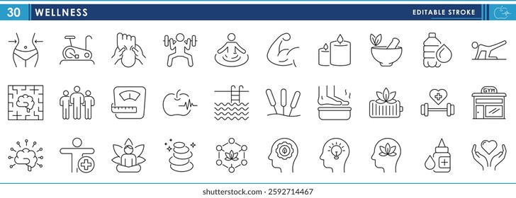 A set of line icons related to Wellness. Fitness, physical exercise, gym, brain, weight, massage, swim, sauna, spa, meditation, and so on. Vector editable stroke.