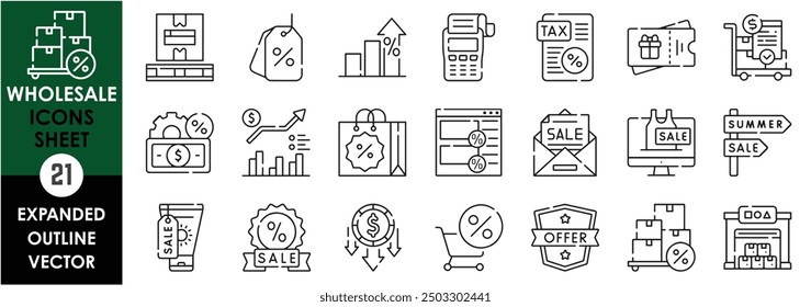 A set of line icons related to wholesale. Sale, summer, bonus, tax, discount, offer, cheap, online, award, payment, voucher, stockpile, and so on. Vector outline icons set.