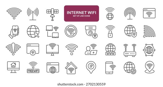 Conjunto de ícones de linha relacionados a wifi, wireless, internet, rede. Coleção de ícones de estrutura de tópicos