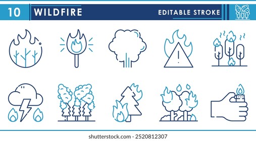 Um conjunto de ícones de linha relacionados ao Wildfire. Fogo, floresta, chama, queimadura, fumaça, árvores e assim por diante. Traçado editável de vetor.