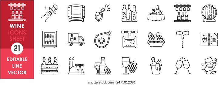 Un conjunto de iconos de línea relacionados con el vino y la cervecería. Vino, bar, entrega, copa de vino, fiesta, uvas, barril y así sucesivamente. Conjunto de iconos de contorno de Vector.