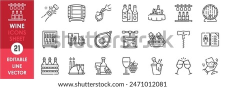 A set of line icons related to wine and brewery. Wine, bar, delivery, wine glass, party, grapes, barrel and so on. Vector outline icons set.