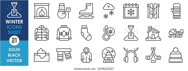 A set of line icons related to winter. Winter, snow, cold, ice, skiing, ice hockey, clothes, warm, fire, and so on. Vector outline icons set.