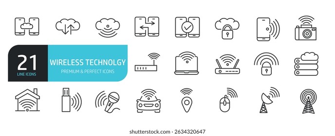 Set of line icons related to wireless, wi-fi, connectivity. Outline icons collection. Vector illustration stock illustration