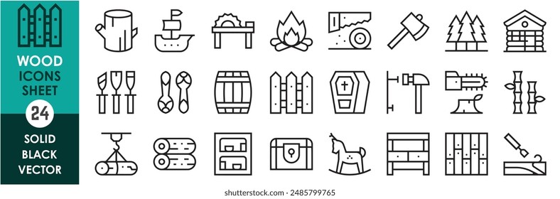 A set of line icons related to wood. Wood, furniture, timber, craft, barrel, spoon, tools, forest, fire, chopping and so on. Vector outline icons set.