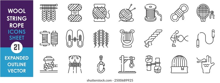 A set of line icons related to Wool, String and Rope. Music, rope, knit, woolen sweater, beanie, yarn, jump, tied, and so on. Vector outline icons set.