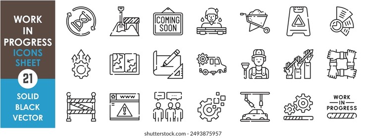 Conjunto de iconos de línea relacionados con el trabajo en curso. Construcción, trabajo, mano de obra, industria, negocios, juntos, próximamente, advertencia, equipo, y así sucesivamente. Conjunto de iconos de contorno de Vector.