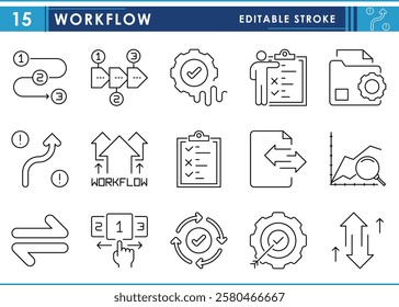 A set of line icons related to Workflow. Flow, process, work, efficient, target, selection, time, and so on. Vector editable stroke.