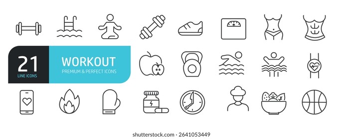 Set of line icons related to workout, fitness, gym. Outline icons collection. Vector illustration