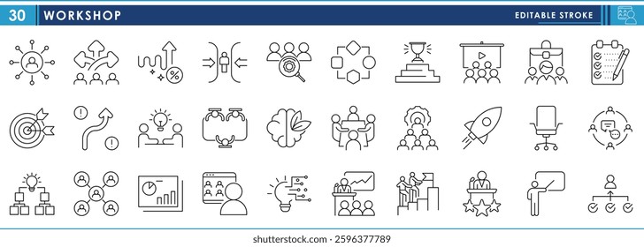 A set of line icons related to Workshop. Collaboration, people, community, decision, work, checklist, leader, management, meeting, and so on. Vector editable stroke.