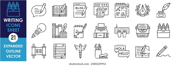 A set of line icons related to Writing. Comment, typewriter, idea, pencil, pen, paper, typing, letter, translator, scribble, stationery, and so on. Vector outline icons set.