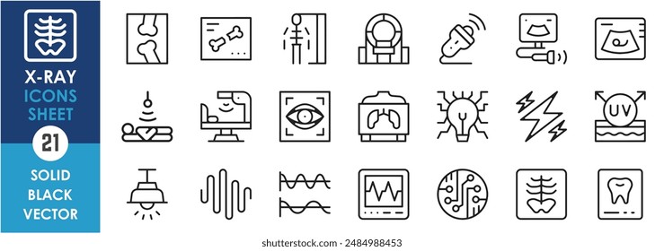 A set of line icons related to x-ray. X ray, ultrasound, scan, mri, uv rays, waves, surgery, broken bone and so on. Vector outline icons set.