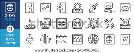 A set of line icons related to x-ray. X ray, ultrasound, scan, mri, uv rays, waves, surgery, broken bone and so on. Vector outline icons set.