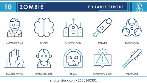 A set of line icons related to Zombie. Zombie face, brain, graveyard, finger, biohazard, hand, bite, and so on. Vector editable stroke.