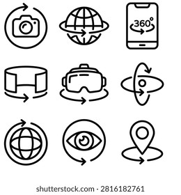 Set of Line Icons Representing 360 Degree Rotation, Virtual Reality, and Spatial Awareness Concepts