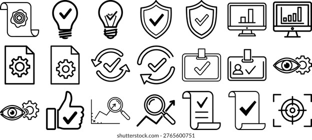 A set of line icons representing business, technology, and productivity concepts, including checkmarks, gears, lightbulbs, and monitors, on a clean white background.