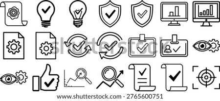 A set of line icons representing business, technology, and productivity concepts, including checkmarks, gears, lightbulbs, and monitors, on a clean white background.