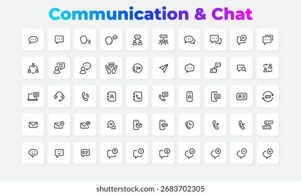 Conjunto de iconos de línea que representan los conceptos de comunicación, chat y mensajería. Perfecto para el diseño de interfaz de usuario, App y proyectos de redes sociales que necesitan símbolos de chat claros y minimalistas