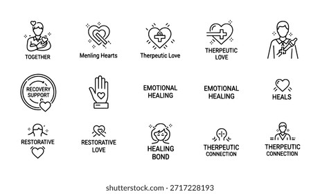 A set of line icons representing concepts of emotional healing, therapy, and support. Includes symbols for love, connection, recovery, and mental wellness on a white background.