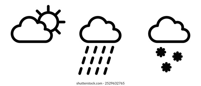 Set of line icons representing different weather conditions, including sunny, rainy, and snowy. Editable stroke.