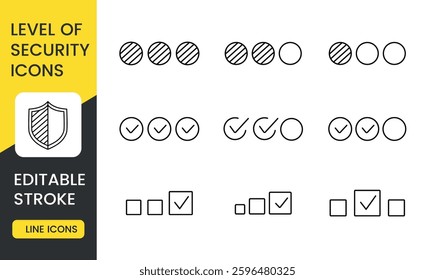 A set of line icons representing different levels of security, with an editable stroke. The icons include checkmarks, progress indicators, shields, and rating symbols