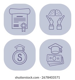 Set of line icons representing education. Diploma, hands showing knowledge sharing, graduation cap, and money symbolizing funding for studies