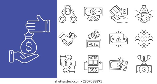Set of line icons representing financial crime, corruption, and illicit money schemes