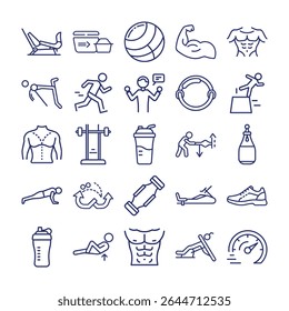 A set of line icons representing fitness, exercise, and athletic activities.