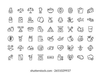 A set of line icons representing healthy eating, fitness, and overall wellness concepts.