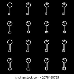 Set of line icons representing key. Metal kets of verious forms and shapes. Vector Illustration