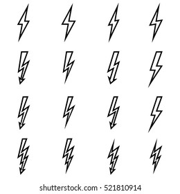 Set of line icons representing lightning bolt, lightning strike or thunderstorm. Suitable for voltage, electricity and power signs. Vector Illustration