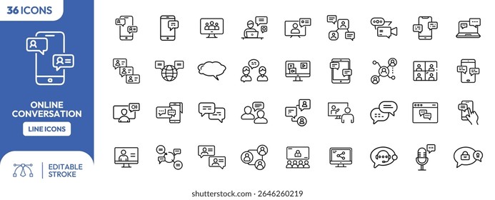 Set of line icons representing online conversation, communication, and video conferencing.