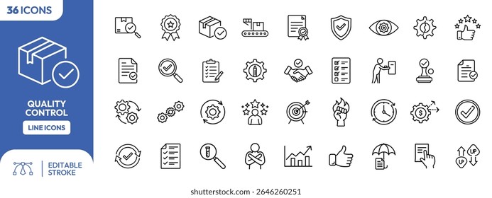 A set of line icons representing quality control processes.  Icons depict various aspects of inspection, approval, and management.