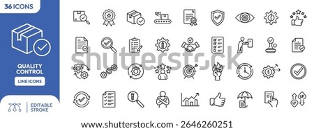 A set of line icons representing quality control processes.  Icons depict various aspects of inspection, approval, and management.