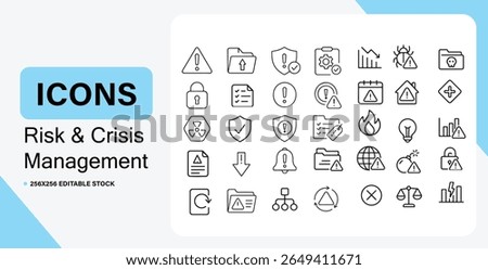 A set of line icons representing risk and crisis management on a white background.