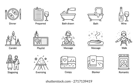 A set of line icons representing romantic activities and self-care, including dinner, a bubble bath, wine, candles, massage, and a couple walking together.