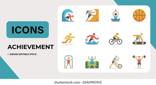 Set of line icons representing various sports activities and achievements.  Perfect for websites, apps, and presentations.  Isolated on white background for easy use.