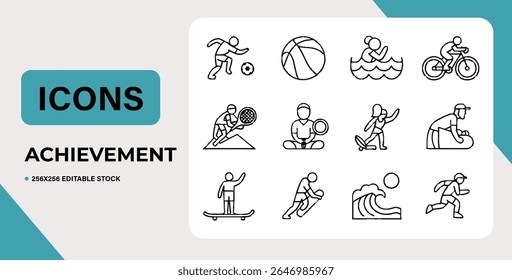 Set of line icons representing various sports activities and achievements.  Perfect for websites, apps, and presentations.  Isolated on white background for easy use.
