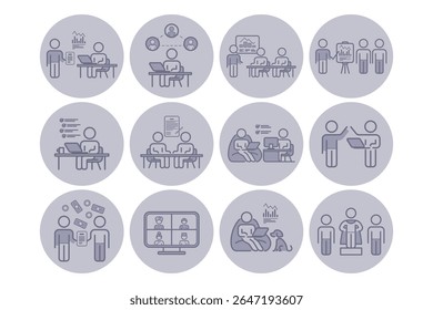 Conjunto de iconos de línea que representan diversas actividades comerciales y de productividad: análisis, trabajo en equipo, gestión de datos y colaboración remota