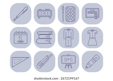 Set of line icons representing various school supplies and educational themes. Pen, calendar, books, and more, perfect for academic design projects