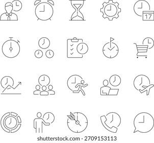 Un conjunto de iconos de línea que representan varios conceptos de gestión del tiempo, diseñados con trazos editables para una fácil personalización y escalabilidad.