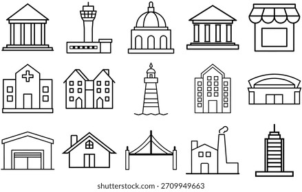 Conjunto de iconos de línea que representan varios tipos de edificios y arquitectura aislados sobre fondo blanco