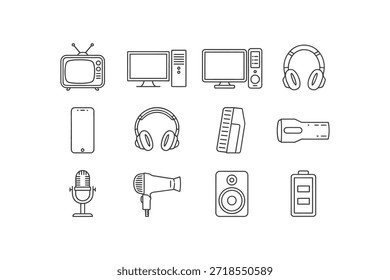 Um conjunto de ícones de linha representando vários dispositivos eletrônicos e gadgets para mídia e comunicação.
