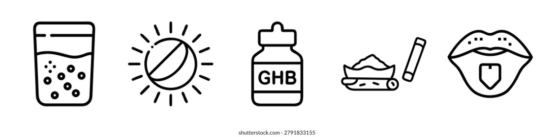 A set of line icons representing various substances and drug-related items, including GHB, pills, and paraphernalia, isolated on a white background.