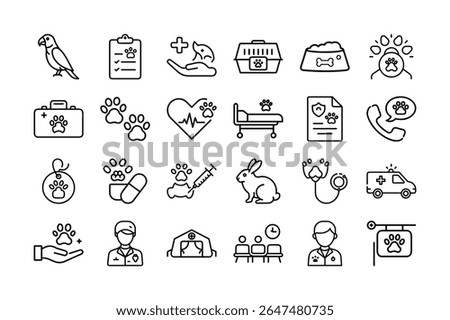 A set of line icons representing various aspects of veterinary medicine and animal care.