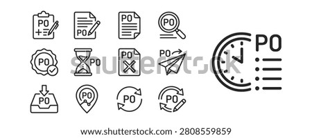 A set of line icons representing various aspects of purchase orders, including creation, approval, and delivery processes