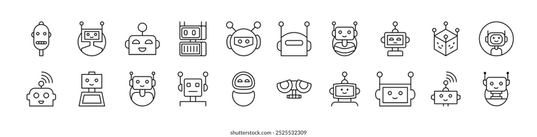 Satz von Linien-Icons des Roboters. Bearbeitbarer Strich. Minimalistisches lineares Piktogramm für das Design von Karten, Apps, Bannern, Posts