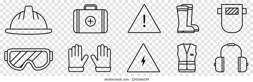 Satz von Zeilensymbols für Sicherheitsarbeiten. Vektorgrafik einzeln auf transparentem Hintergrund