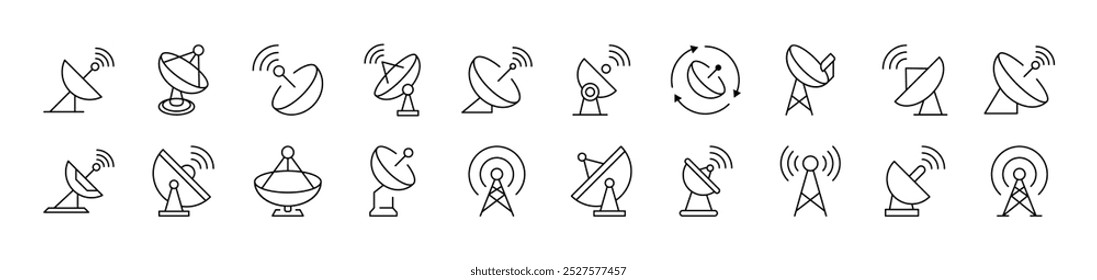 Set of Line Icons of Satellite Dish. Editable Stroke. Minimalistic Linear Pictogram for Design of Cards, Apps, Banners, Posts