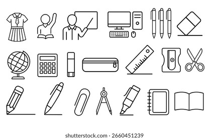 Vector de la escuela de los iconos de la línea del sistema en el fondo blanco
Iconos de la línea del sistema del Vector en el fondo blanco